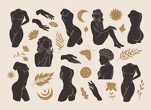 Vector minimalistic set of female bodies and golden mystical elements. Female abstract concept illustration, beautiful esoteric female silhouettes.