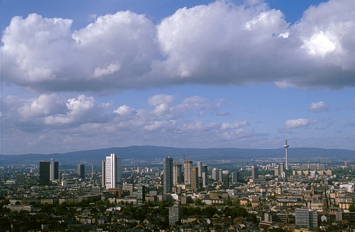 Frankfurt a. M., Hesse, Germany, 1979. City panorama with cloudy sky.