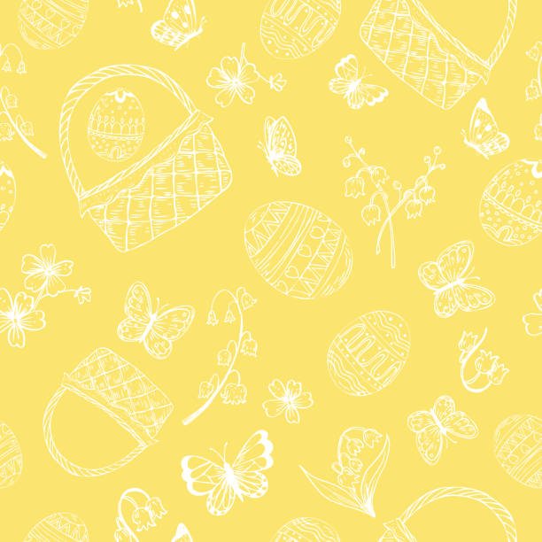 ilustrações, clipart, desenhos animados e ícones de bonito páscoa padrão de fundo sem costura - easter basket eggs yellow