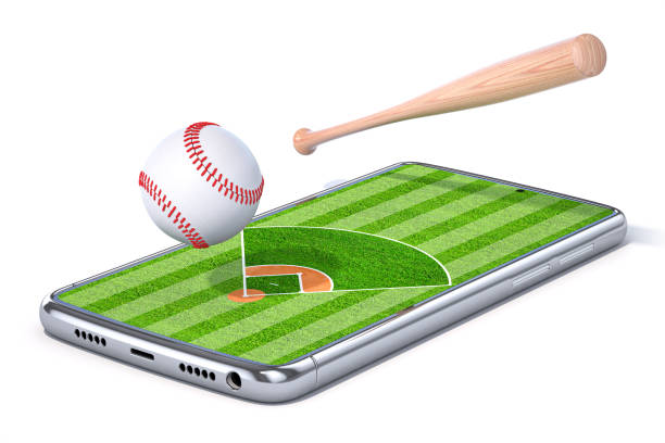 istock Baseball smartphone online video game app. Mobile phone with a baseball field on a screen with baseball ball and bat. 1473258967