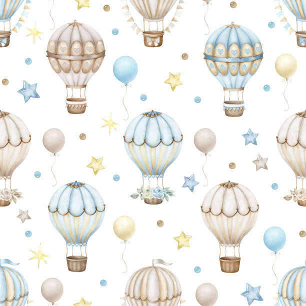 Cute seamless pattern with hot air balloons. Cute seamless pattern with hot air balloons.
Watercolor hand painted seamless pattern for baby with hot air balloons. watercolor hot air balloon stock illustrations