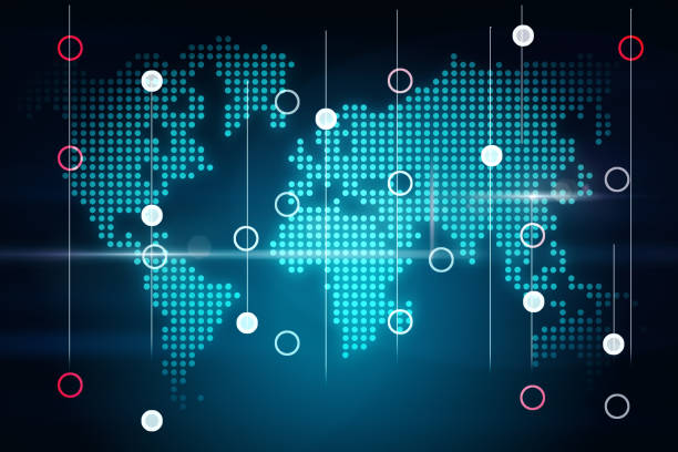 istock Big data and innovation concept with dotted world map scheme with digital red and white circles on dark background. 3D rendering 1473261756