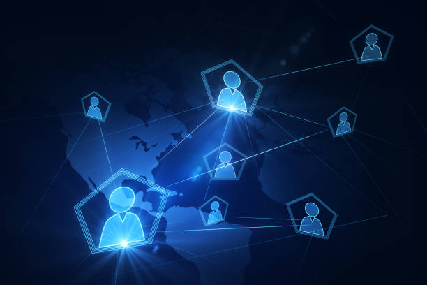 istock People connection and social network concept with glowing blue digital user symbols connected between each other on world map background. 3D rendering 1473261789