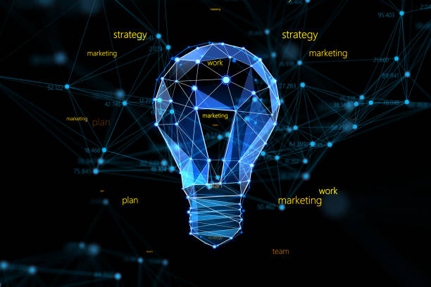 istock Strategy, marketing and creative idea concept with digital glowing hexagonal form light bulb among workflow steps signs on abstract dark background. 3D rendering 1473261856