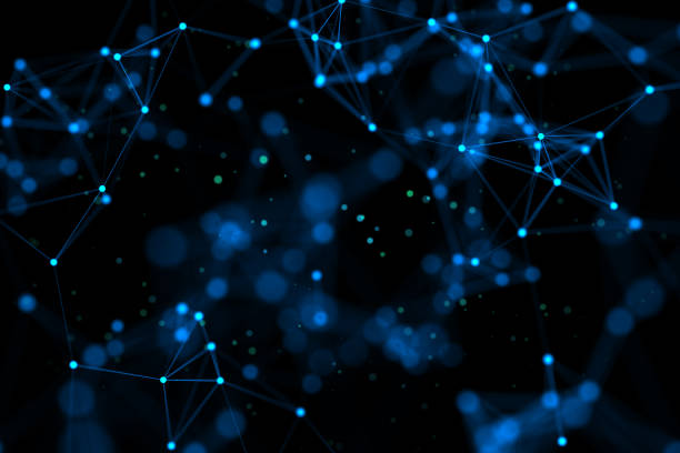 istock Abstract dark background with polygonal figures and blurred blue dots. 3D rendering 1473261869