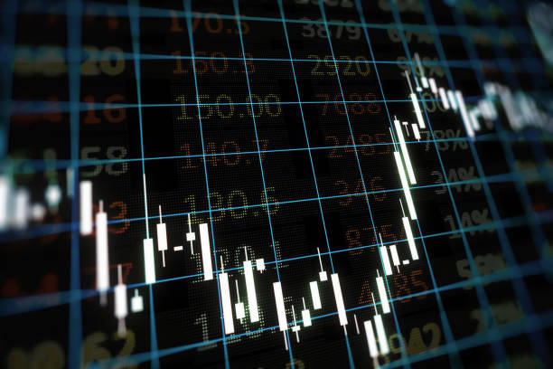 istock Financial stats and trading concept with perspective view on digital glowing growing candlestick on dark squared background. 3D rendering 1473261902