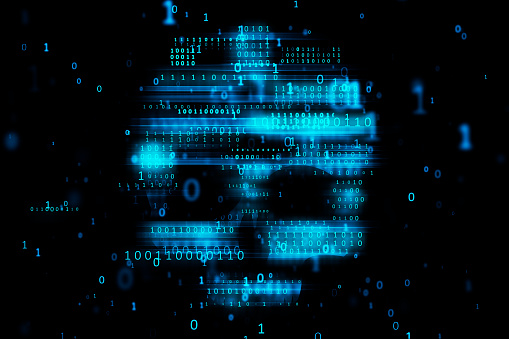 Internet security, virus, big data hacking and malware concept with blurred blue binary code in form of skull symbol on dark background. 3D rendering