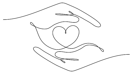 Hands holding heart continuous one line art drawing. Charity donation linear symbol. Vector illustration isolated on white.