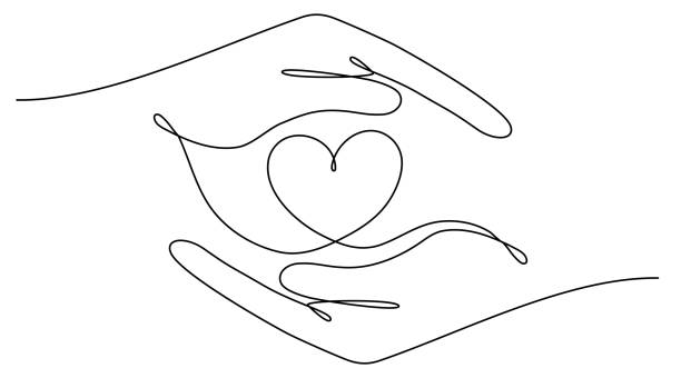 Hands holding heart continuous one line art drawing. Hands holding heart continuous one line art drawing. Charity donation linear symbol. Vector illustration isolated on white. altruism stock illustrations