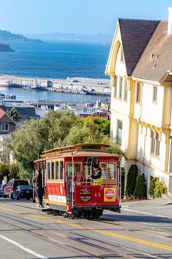 San GFrancisco, USA - April 30, 2019: cable car Powell - Market street in operation at the hilly San Francisco.