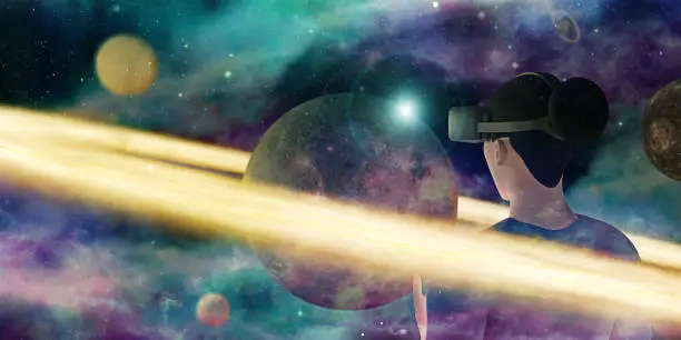 Photo of VR glasses users Learning science through AR glasses in the study of stars and the universe virtual world simulation 3D illustration