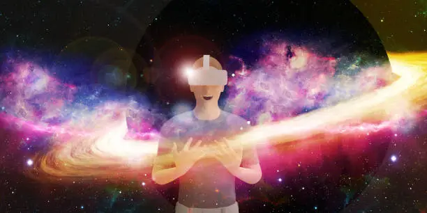 Photo of VR glasses users Learning science through AR glasses in the study of stars and the universe virtual world simulation 3D illustration