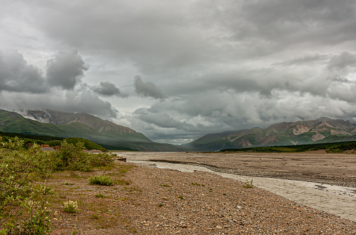 Denali Park, Alaska, USA - July 25, 2011: Landscape, Thick gray cloudscape bringing bad weather over wide semi-dry, pebbbled river bed with mountain range in back. Green foliage
