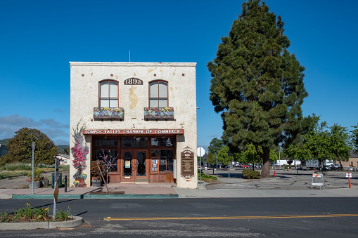 Lompoc, USA - April 21, 2019: visiting the historic building of Lomboc valley chamber of commerce from 1892.