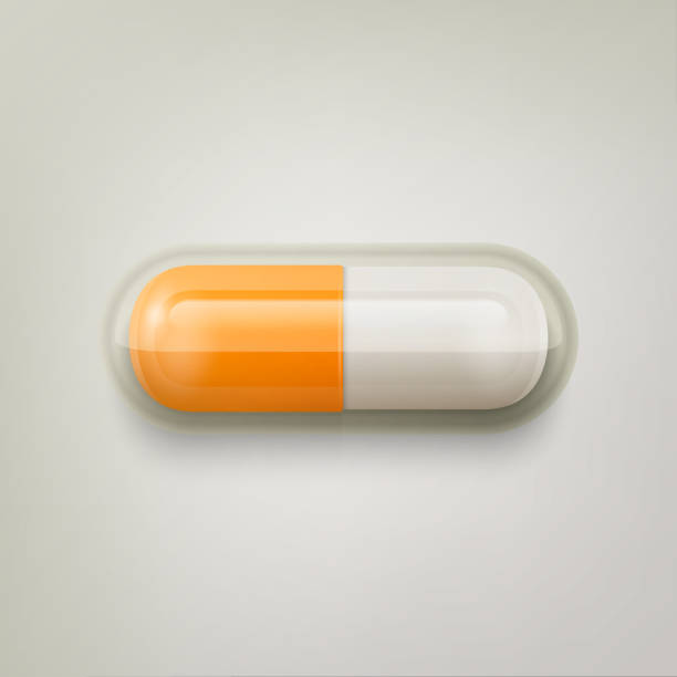 illustrations, cliparts, dessins animés et icônes de vecteur 3d réaliste orange et blanc pilule médicale pharmaceutique, capsule, comprimé sur fond blanc. vue de face. espace de copie. médecine, concept de santé - pill