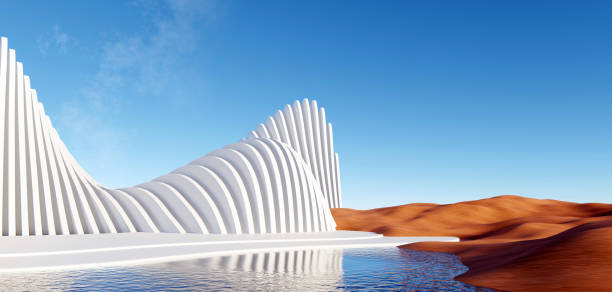 istock 3d render surreal white minimal architecture background with geometric shapes, abstract fantastic design , landmark futuristic panoramic, futuristic scene with copy space, blue sky and cloudy. 1473270166