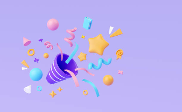 istock 3d render, party festive popper with decorative element, confetti, for celebration, holidays new year, firecracker for special event or birthday, creative design in minimal concept. 1473270167