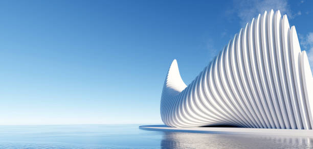 istock 3d render surreal white minimal architecture background with geometric shapes, abstract fantastic design , landmark futuristic panoramic, futuristic scene with copy space, blue sky and cloudy. 1473270217