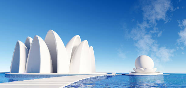 istock 3d render surreal white minimal architecture background with geometric shapes, abstract fantastic design , landmark futuristic panoramic, futuristic scene with copy space, blue sky and cloudy. 1473270233