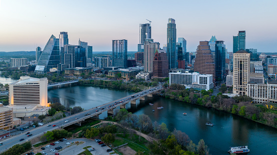 Aerial view of downtown Austin, Texas and Congress Bridge