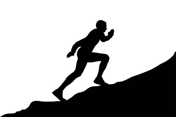 illustrations, cliparts, dessins animés et icônes de homme escalade montagne escarpée silhouette noire sur fond blanc, illustration sportive, concept pour surmonter les difficultés - steep