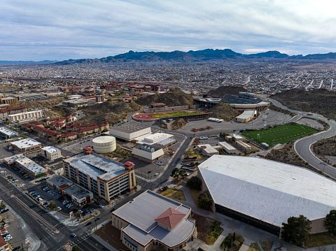Aerial view of the University of Texas at El Paso campus right on the Mexican border with Ciudad Juarez on the other side.