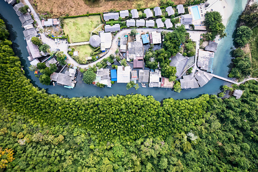 Top view of abundance mangrove forest and the resort by the river in tropical island