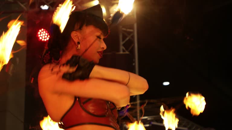 Beautiful female fire dancer performing