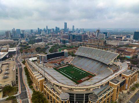 Football field at the University of Texas Austin (UT) Longhorns located in Austin, Texas.