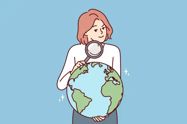 Vector illustration of Woman with magnifying glass holds globe studying geography or choosing place for further travel