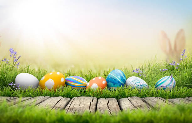 istock A collection of painted easter eggs celebrating a Happy Easter on a spring day with green grass meadow background with copy space and a rustic woodern bench to display products. 1473272572