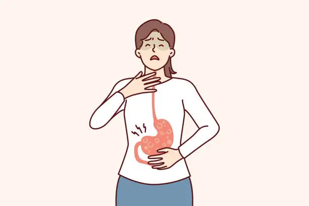 Vector illustration of Sick woman with symptoms of gastroesophageal reflux or gastritis disease resulting from junk food