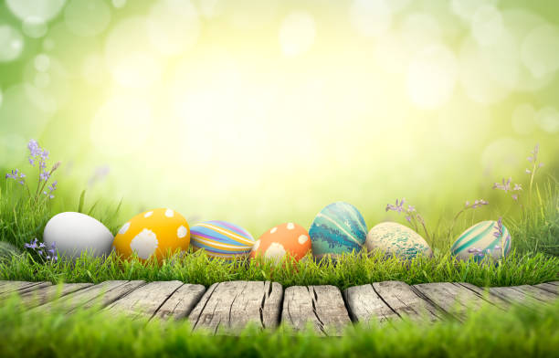 istock A collection of painted easter eggs celebrating a Happy Easter on a spring day with green grass meadow background with copy space and a rustic woodern bench to display products. 1473272810