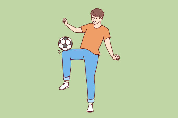 mężczyzna kopiący piłkę nożną, chcący zostać graczem major league i rywalizować w zawodach sportowych - soccer ball major league soccer sport stock illustrations