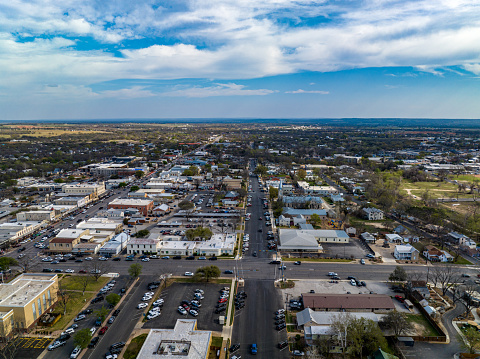 Aerial view of historic downtown district in Fredericksburg, Texas