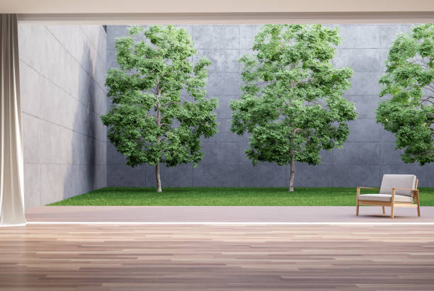 istock Modern contemporary style empty room with minimal loft style green garden background 3d render 1473274305