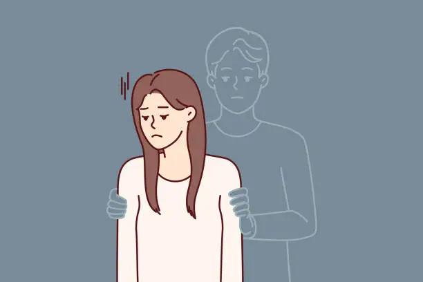 Vector illustration of Sad girl with silhouette of man hugging beloved for concept of breaking up with boyfriend