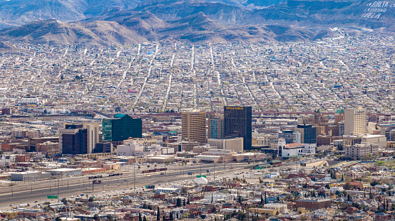Aerial view of downtown El Paso, Texas with Ciudad Juárez, Mexico in the background.