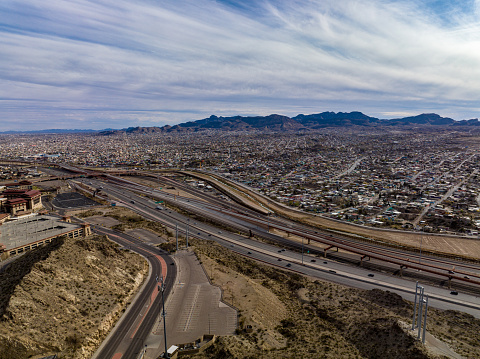 Aerial view of US Mexico border with Ciudad Juárez, Mexico in the background.