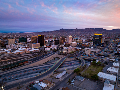 Drone shot of downtown El Paso, Texas at sunset.