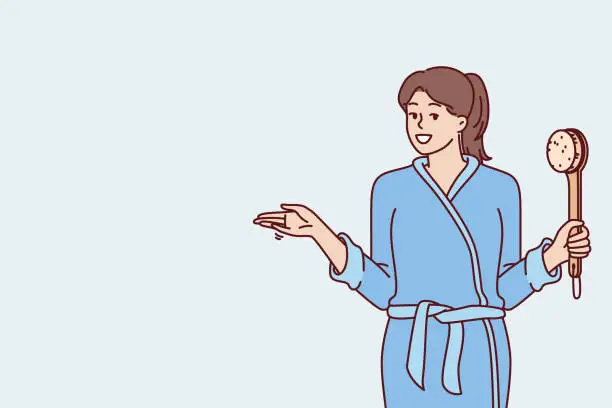 Vector illustration of Woman in bathrobe holding shower brush in hand going to take bath and do self bodycare