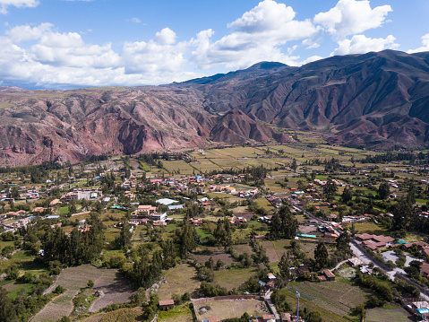 Aerial image of Yanahuara town in Sacred Valley in Cusco Peru. Peruvian countryside in the Andes.