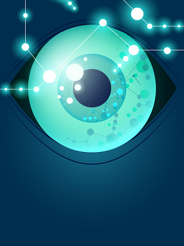 3d glowing technology illustration - Cybernetic eye. Metaverse in the eyes.