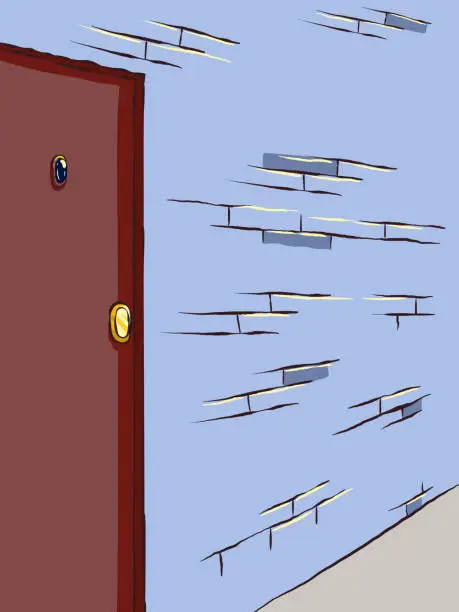 Vector illustration of Door and brick wall in perspective.