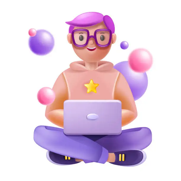 Vector illustration of 3D kid online, school remote education concept, vector cartoon sitting boy doing homework, laptop.