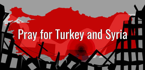 Pray for Turkey and Syria banner. Destroyed buildings and red transparent map of Turkey and Syria with epicenter of earthquake. Pray for Turkey and Syria banner. Destroyed buildings and red transparent map of Turkey and Syria with epicenter of earthquake. turkey earthquake stock illustrations