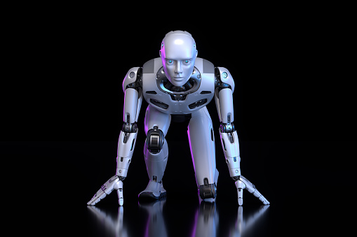 Robot standing in start position on a dark background. 3D illustration