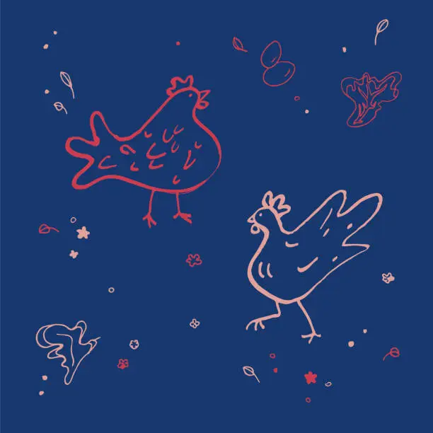 Vector illustration of Cute Chicken Cartoony Line Drawings Isolated Elements