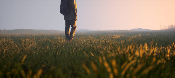 istock Boy with backpack in pasture in countryside during sunset. 3D rendering. 1473282735
