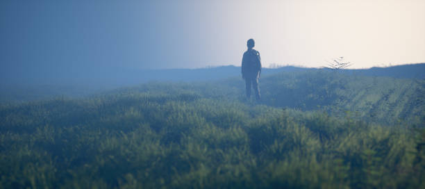 istock Boy in foggy pasture in countryside during twilight. 3D rendering. 1473282739